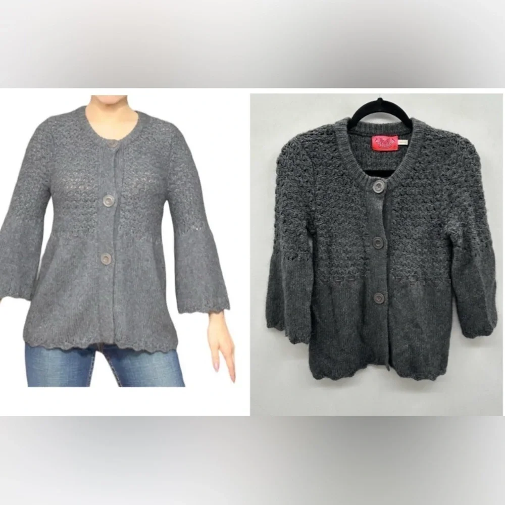 VINTAGE Y2K JUICY COUTURE SP grey knit woman bell sleeve crochet knit cardigan